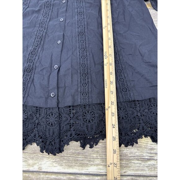 LOGO Lavish by Lori Goldstein Woven Button Front Top with Lace Trim Size M Black - Picture 11 of 13